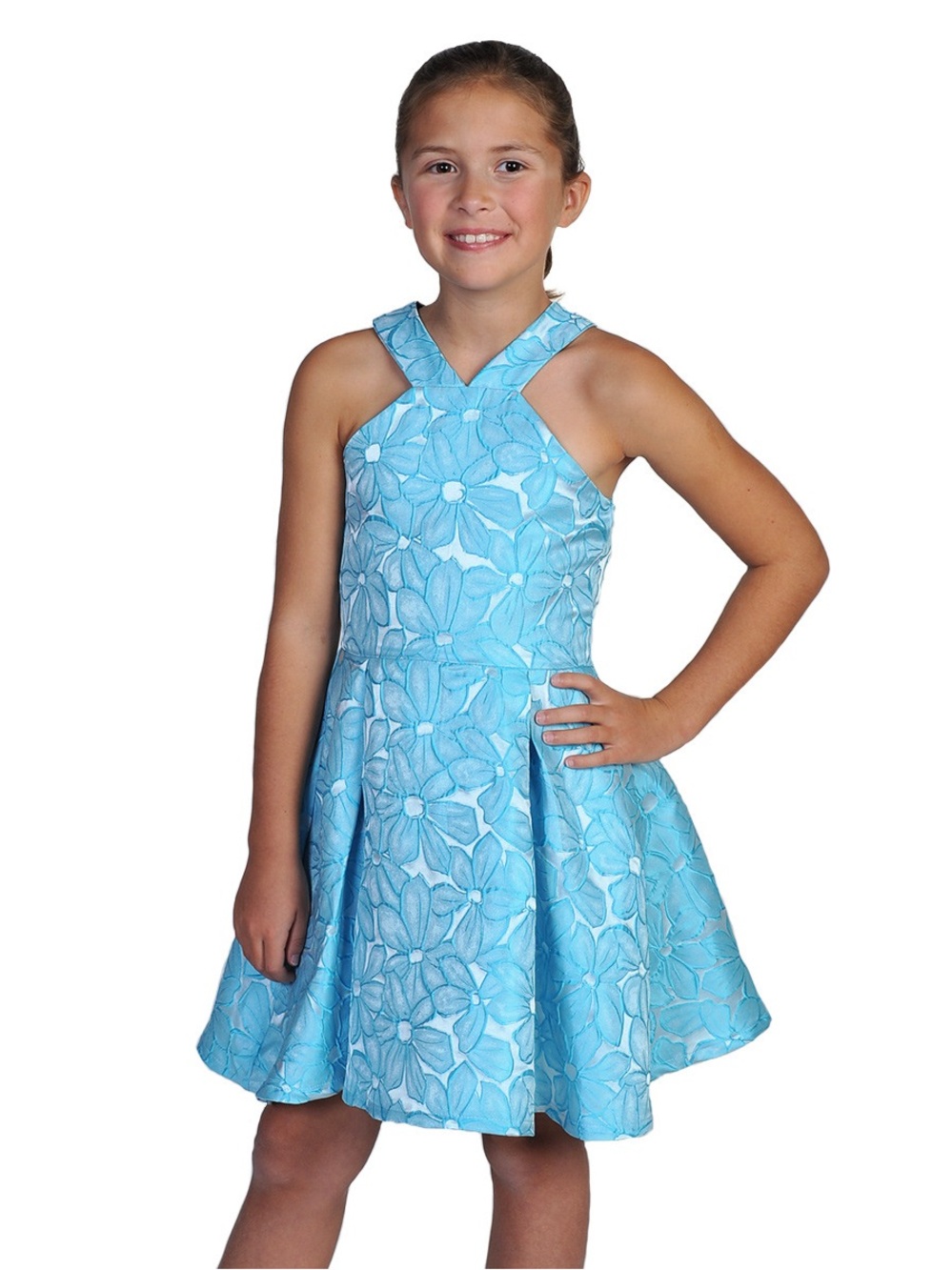 Girls' Light Blue Floral Fit-and-Flare Party Dress